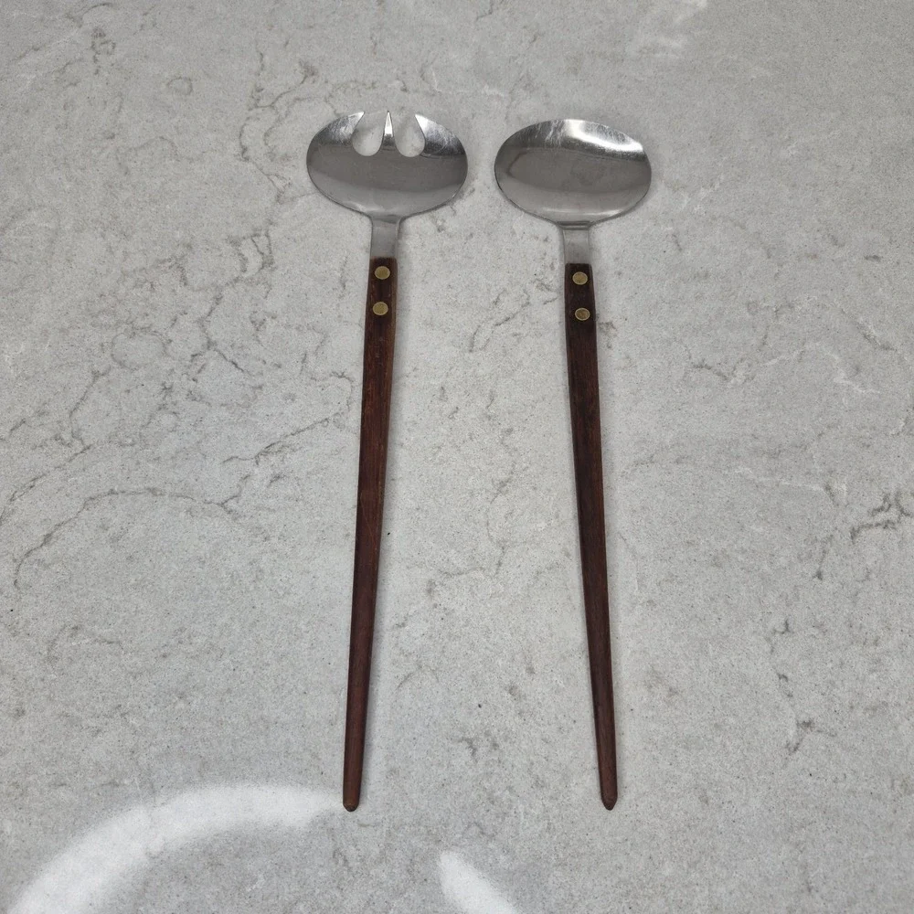 Vintage NEVCO Stainless Steel Japanese Teak Wood‎ Spoon & Fork Salad Serving Set